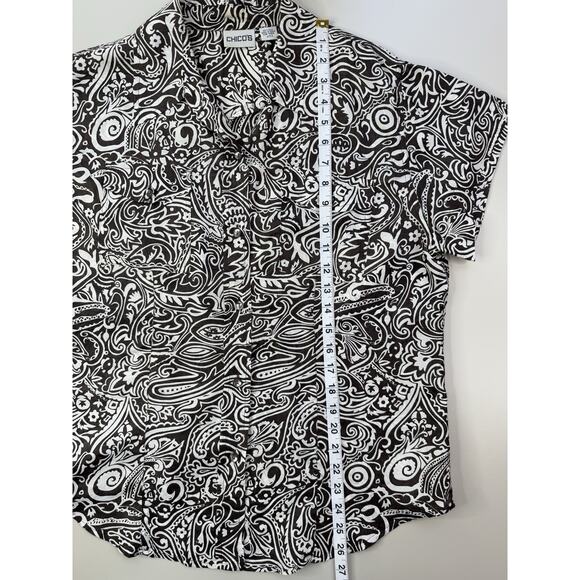 CHICOS Shirt Womens Silk Button Up Top Size 2 Large Brown Cream Resort Tribal - Picture 10 of 14